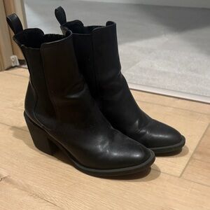 Black Leather Block Heel Ankle Boots - Women's